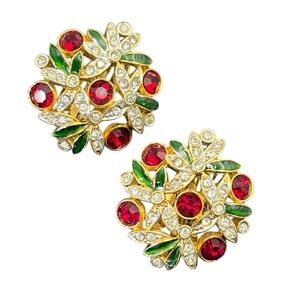 Sphinx E580 signed gold tone red green rhinestone enamel clip on flower earrings
